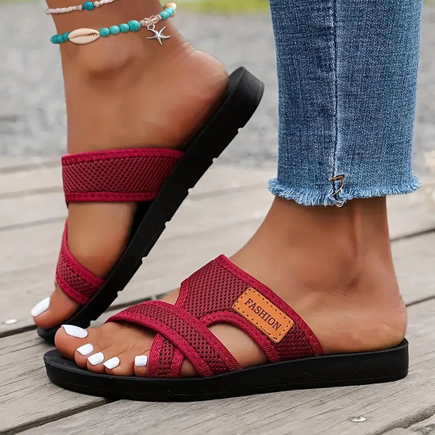 Summer Sandals for Women 2025 Extra Wide Beach Slides Breathable Mesh Orthopedic Shoes for Comfort