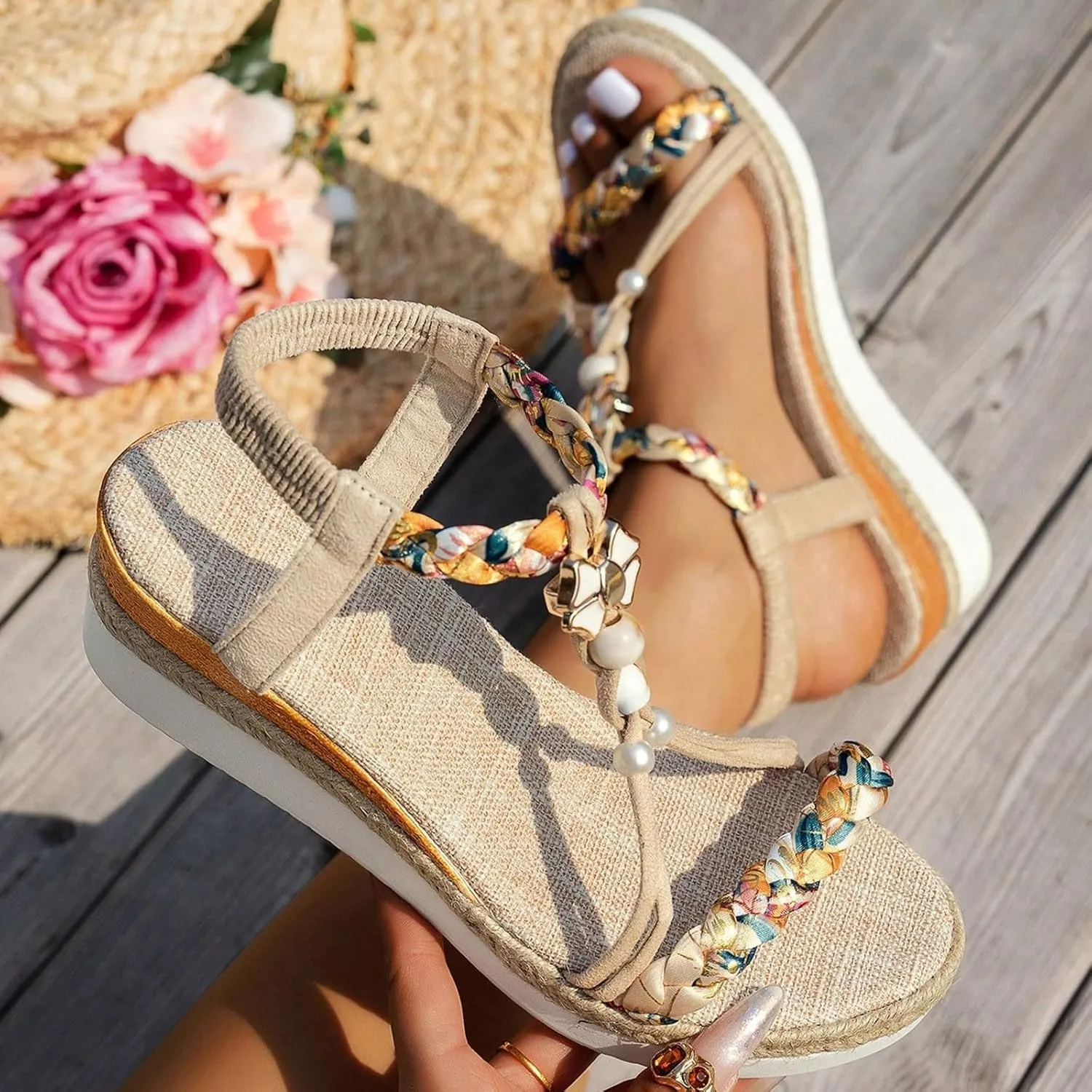 Summer Sandals for Women 2025 Womens Dressy Low Wedge Heels Platform Wedge Sandal Comfort Walking Non Slip Casual Beach Sandals Ankle Elastic Bohemian Woven Shoes