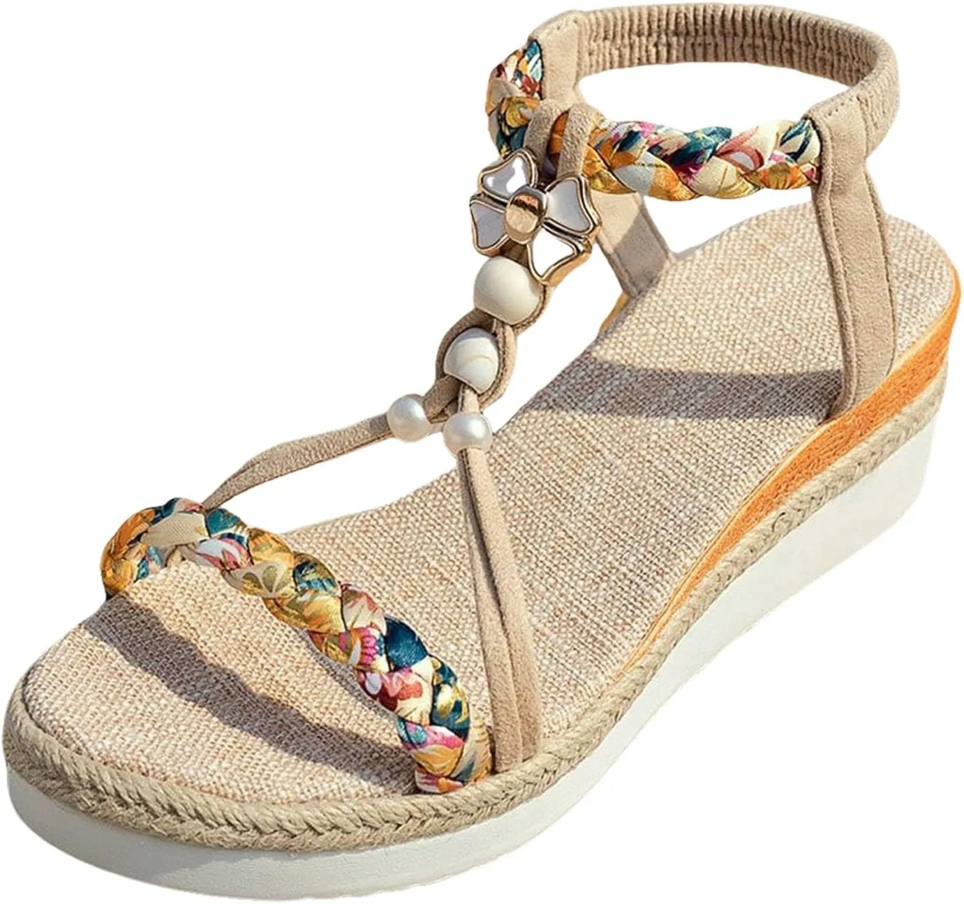 Summer Sandals for Women 2025 Womens Dressy Low Wedge Heels Platform Wedge Sandal Comfort Walking Non Slip Casual Beach Sandals Ankle Elastic Bohemian Woven Shoes