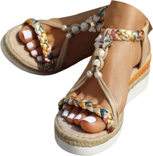 Summer Sandals for Women 2025 Womens Dressy Low Wedge Heels Platform Wedge Sandal Comfort Walking Non Slip Casual Beach Sandals Ankle Elastic Bohemian Woven Shoes