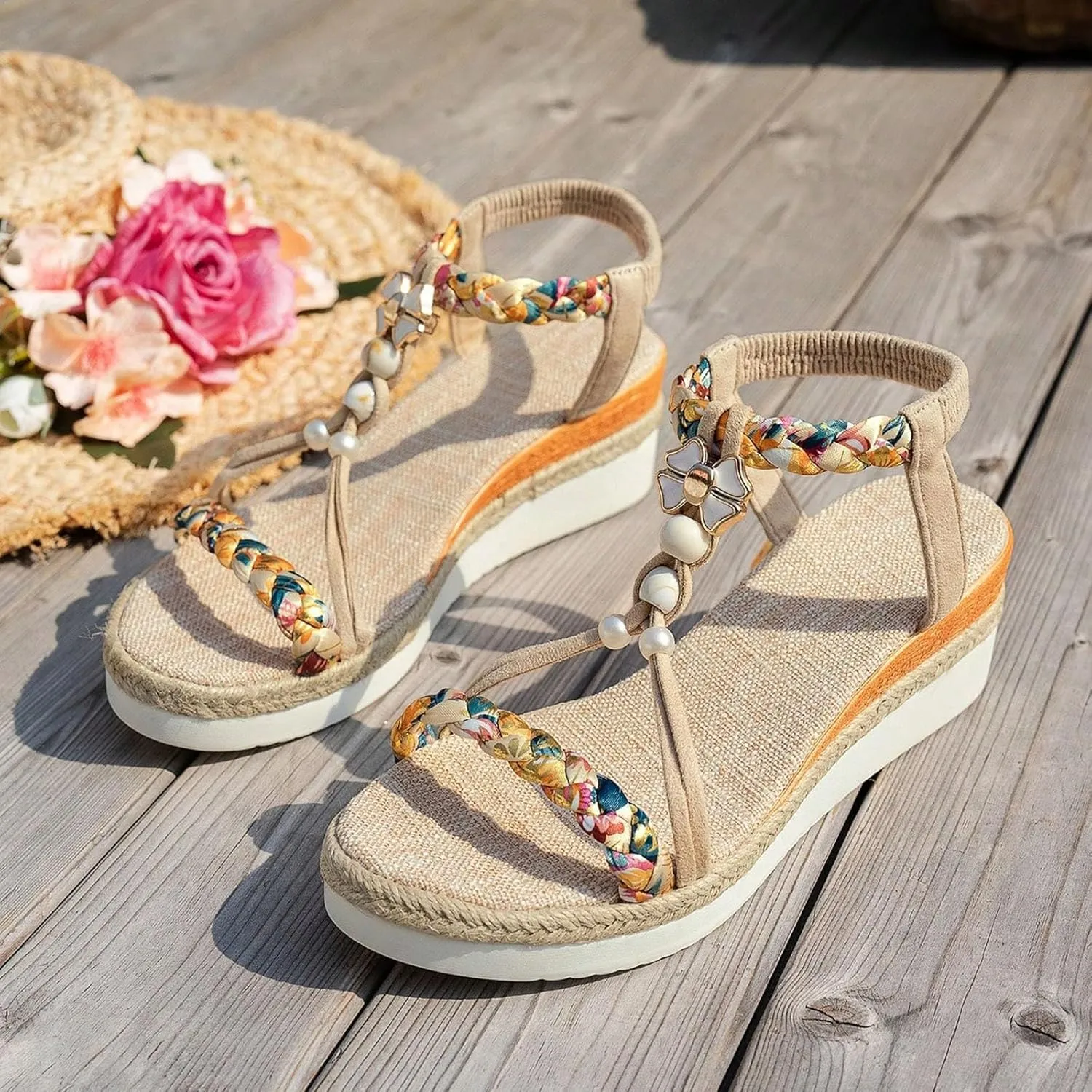 Summer Sandals for Women 2025 Womens Dressy Low Wedge Heels Platform Wedge Sandal Comfort Walking Non Slip Casual Beach Sandals Ankle Elastic Bohemian Woven Shoes