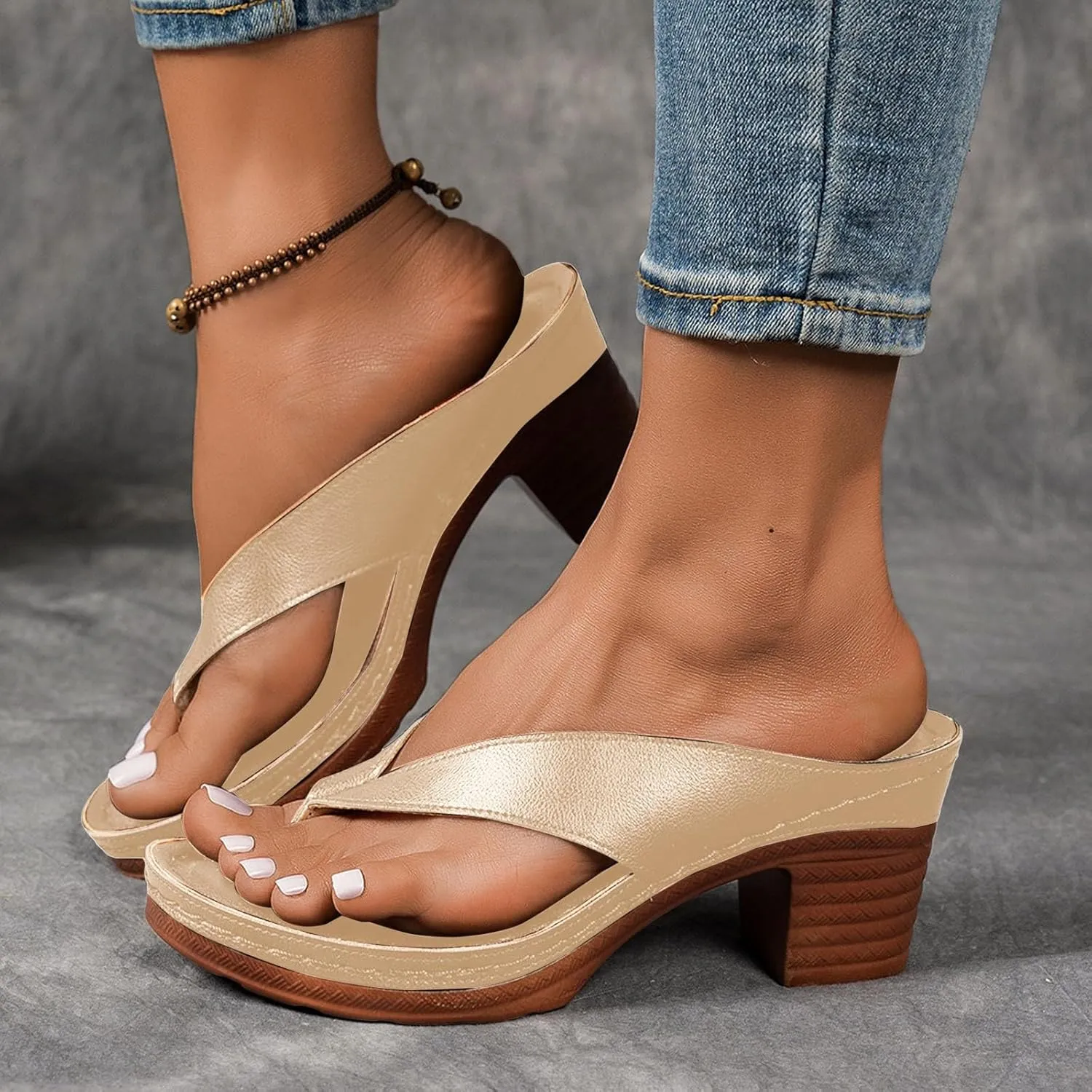 Summer Sandals for Women 2025 Women's Orthopedic Dressy Chunky Heel Sandal Arch Support Comfortable Slip-On Open Toe Heeled Flip Flops Bridal Party Wedding Shoes Casual Wedge Thong Sandals