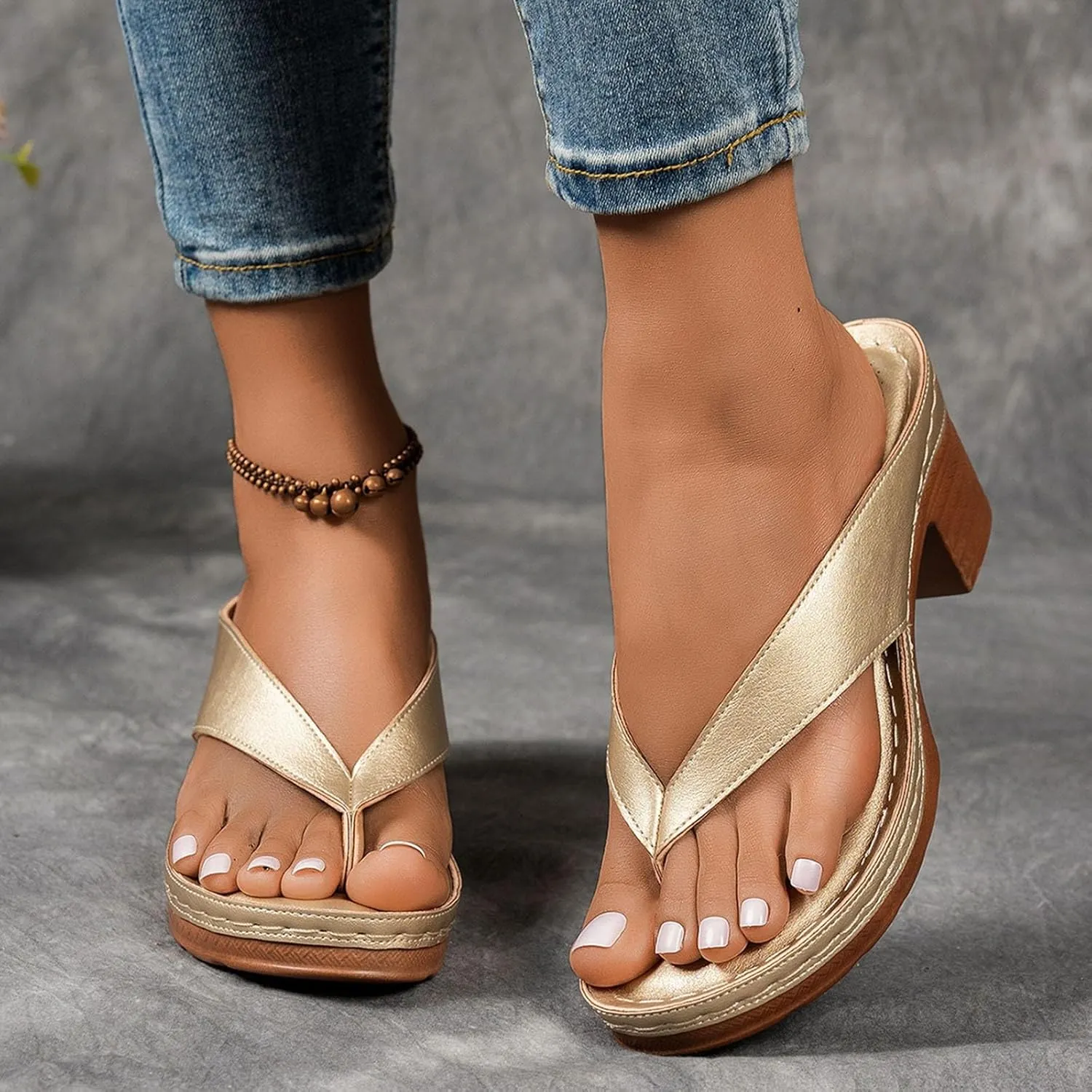 Summer Sandals for Women 2025 Women's Orthopedic Dressy Chunky Heel Sandal Arch Support Comfortable Slip-On Open Toe Heeled Flip Flops Bridal Party Wedding Shoes Casual Wedge Thong Sandals