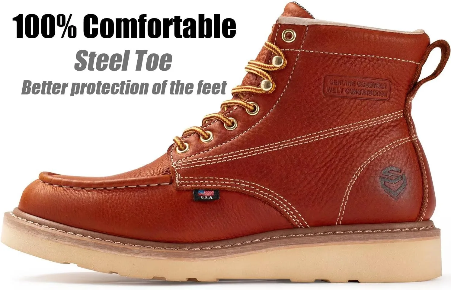 SUREWAY 6” Wedge Moc Toe Work Boots for Men - Soft Toe,Premium Full-Grain Leather,Lightweight Work Boots/Shoes,Comfort Insole,Oil/Slip Resistant,Real Goodyear,EH Rated Industrial Construction Boots