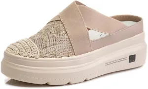 Swezida Women's Lace Mesh Platform Mule Shoes,Hollow Out Tulle Flower Embroidery Slip-On Loafer,Thick-Soled Height-Enhancing Fisherman's Shoes,Casual Breathable Slippers Sandals