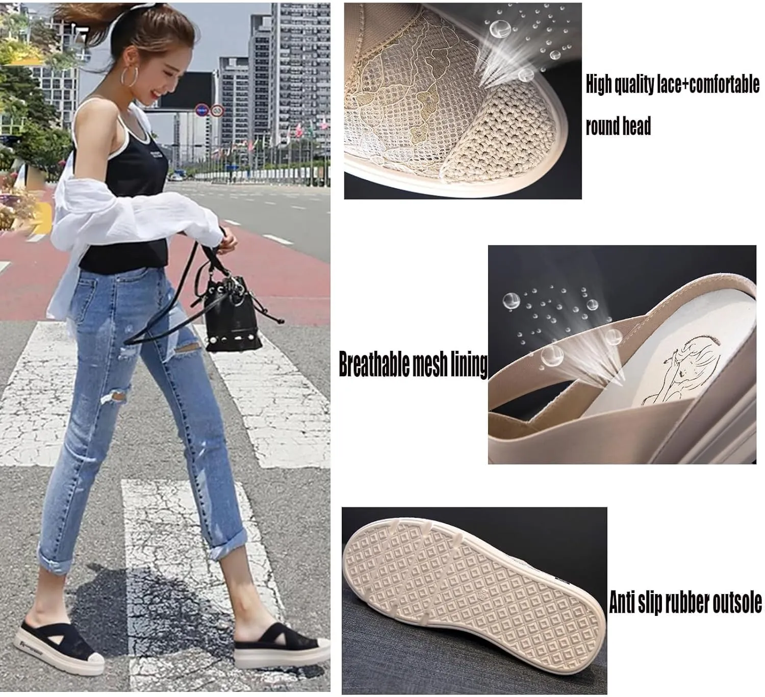 Swezida Women's Lace Mesh Platform Mule Shoes,Hollow Out Tulle Flower Embroidery Slip-On Loafer,Thick-Soled Height-Enhancing Fisherman's Shoes,Casual Breathable Slippers Sandals