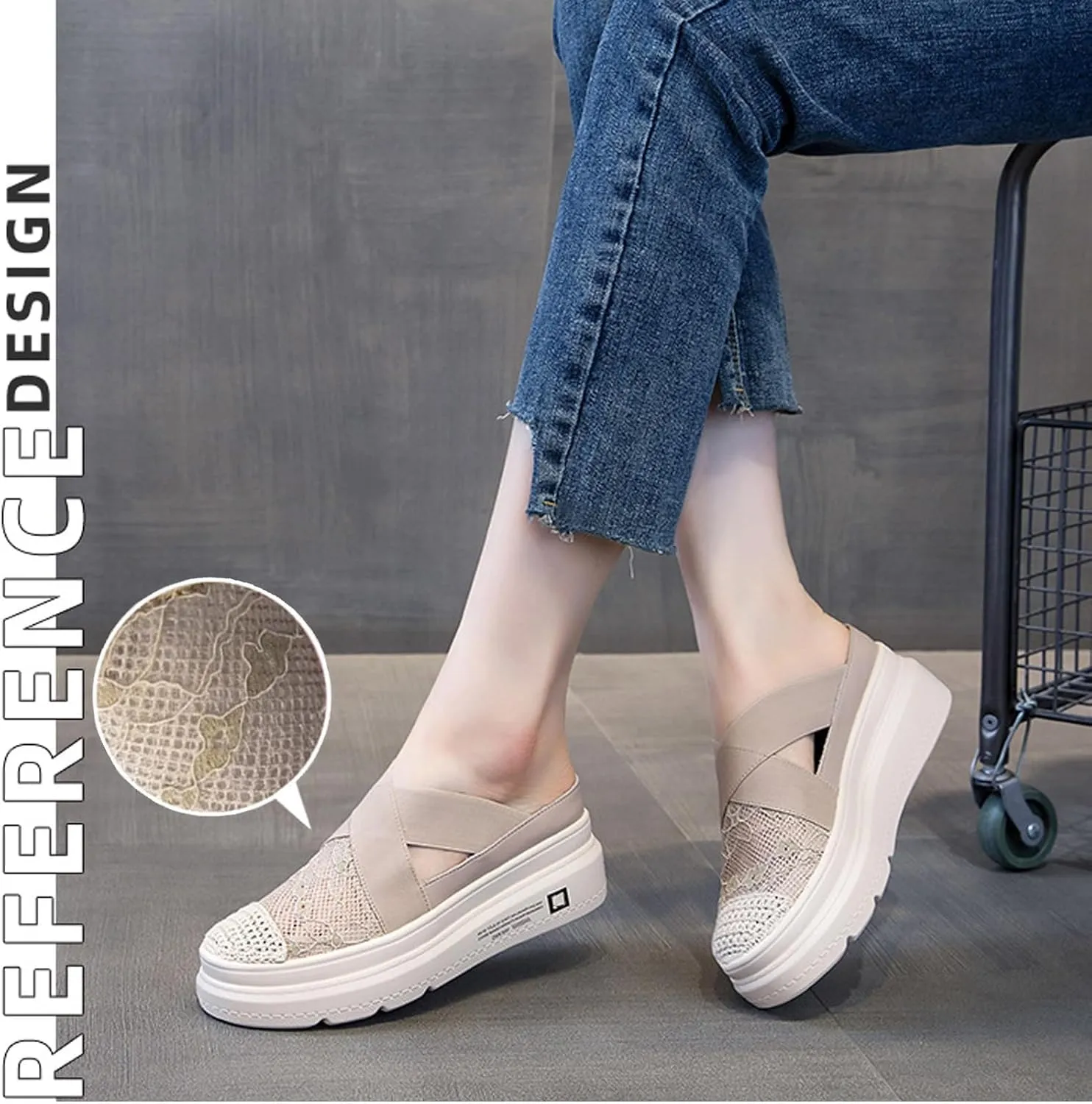 Swezida Women's Lace Mesh Platform Mule Shoes,Hollow Out Tulle Flower Embroidery Slip-On Loafer,Thick-Soled Height-Enhancing Fisherman's Shoes,Casual Breathable Slippers Sandals