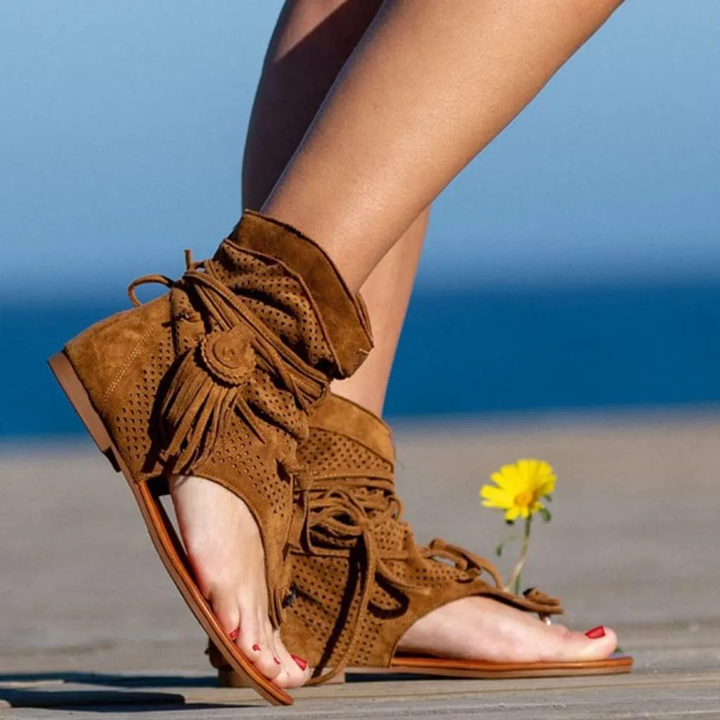 Tassel Flat Sandals For Women Dressy Comfortable,2025 Summer Casual Retro Bohemian T Strap Open Toe Sandals 2025 Fashion Bohemian Breathable Comfortable Slip On Flat Beach Walking Ankle Boots