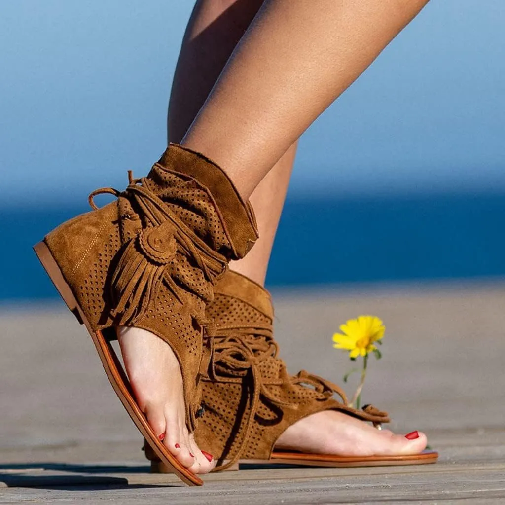 Tassel Flat Sandals For Women Dressy Comfortable,2025 Summer Casual Retro Bohemian T Strap Open Toe Sandals 2025 Fashion Bohemian Breathable Comfortable Slip On Flat Beach Walking Ankle Boots