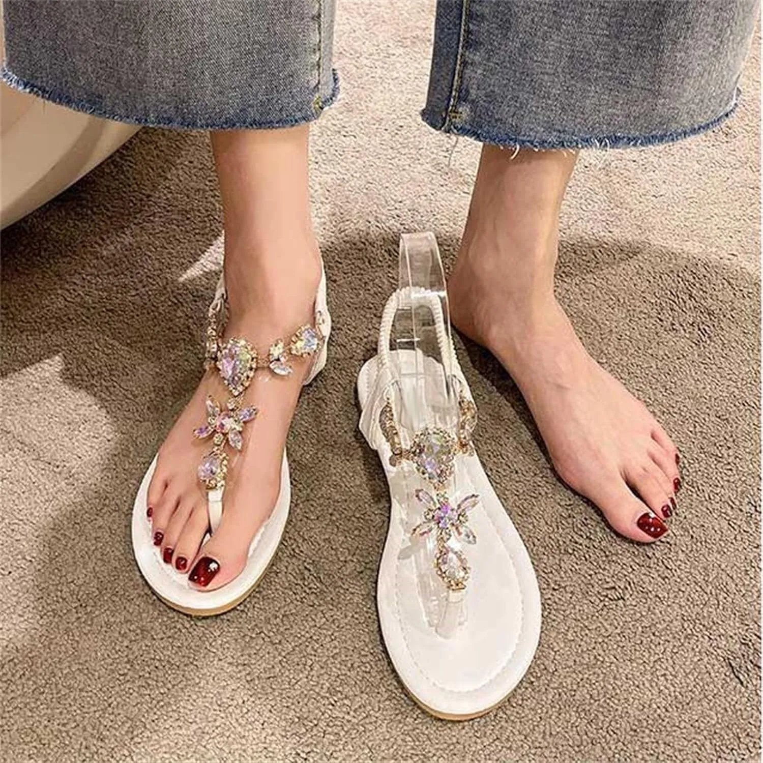 Thong Sandals for Women Elastic T Strap Flip Flops Ladies Boho Summer Low Heel Sandals Casual Flat Shoes