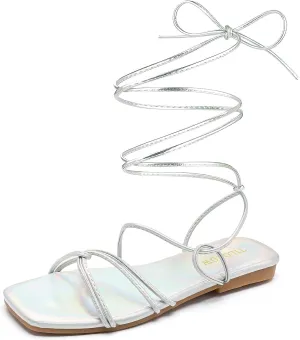 Tilocow Womens Gladiator Strappy Sandals Flats Slides Thong Lace up Dressy Summer Roman Shoes
