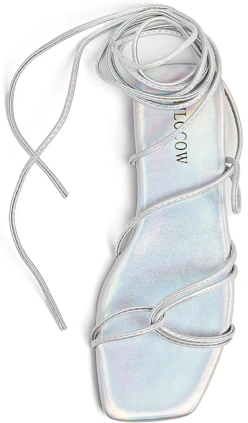 Tilocow Womens Gladiator Strappy Sandals Flats Slides Thong Lace up Dressy Summer Roman Shoes