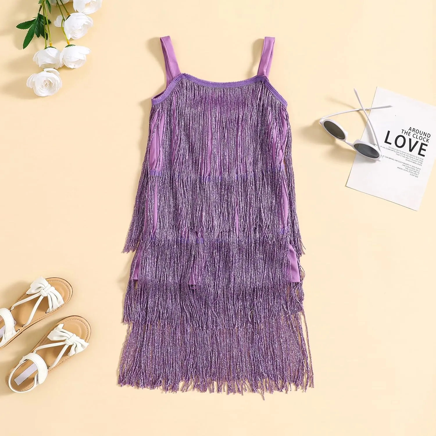 Toddler Girl Tassel Dress Summer Sleeveless Square Neck Zip Back Dance Solid Color Dress Girls Dress Bright
