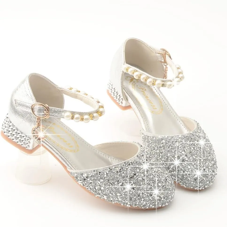 Toddler Girl's Wedding Sandals Glitter Bridesmaids Flower Party Low Heels Mary Jane Princess Dress Up Dress Shoes for Kids