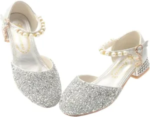 Toddler Girl's Wedding Sandals Glitter Bridesmaids Flower Party Low Heels Mary Jane Princess Dress Up Dress Shoes for Kids