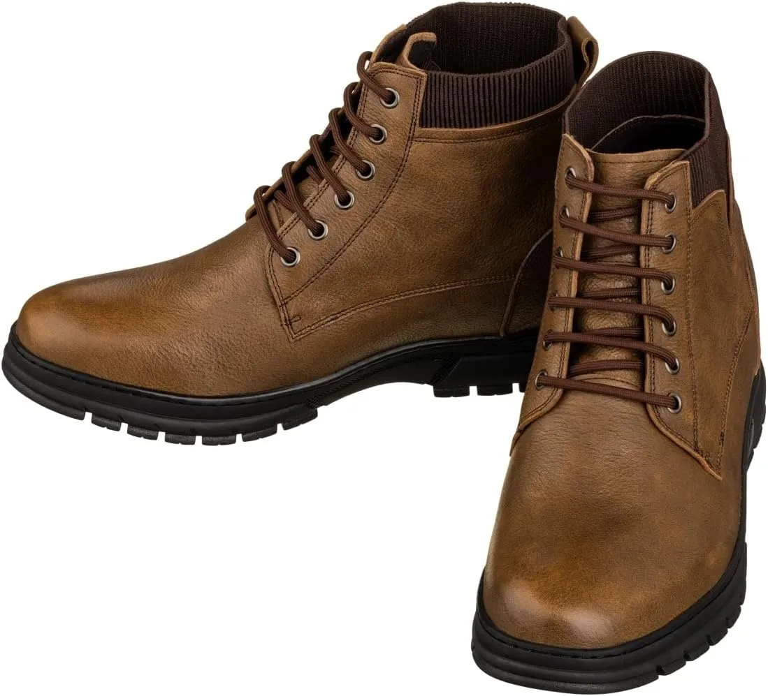 TOTO Men's Invisible Height Increasing Elevator Shoes - Khaki Pebble Grain Leather Lace-up Work Boots - 2.8 Inches Taller - K84017 - Size 11.5 D(M) US