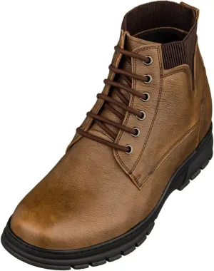 TOTO Men's Invisible Height Increasing Elevator Shoes - Khaki Pebble Grain Leather Lace-up Work Boots - 2.8 Inches Taller - K84017 - Size 11.5 D(M) US