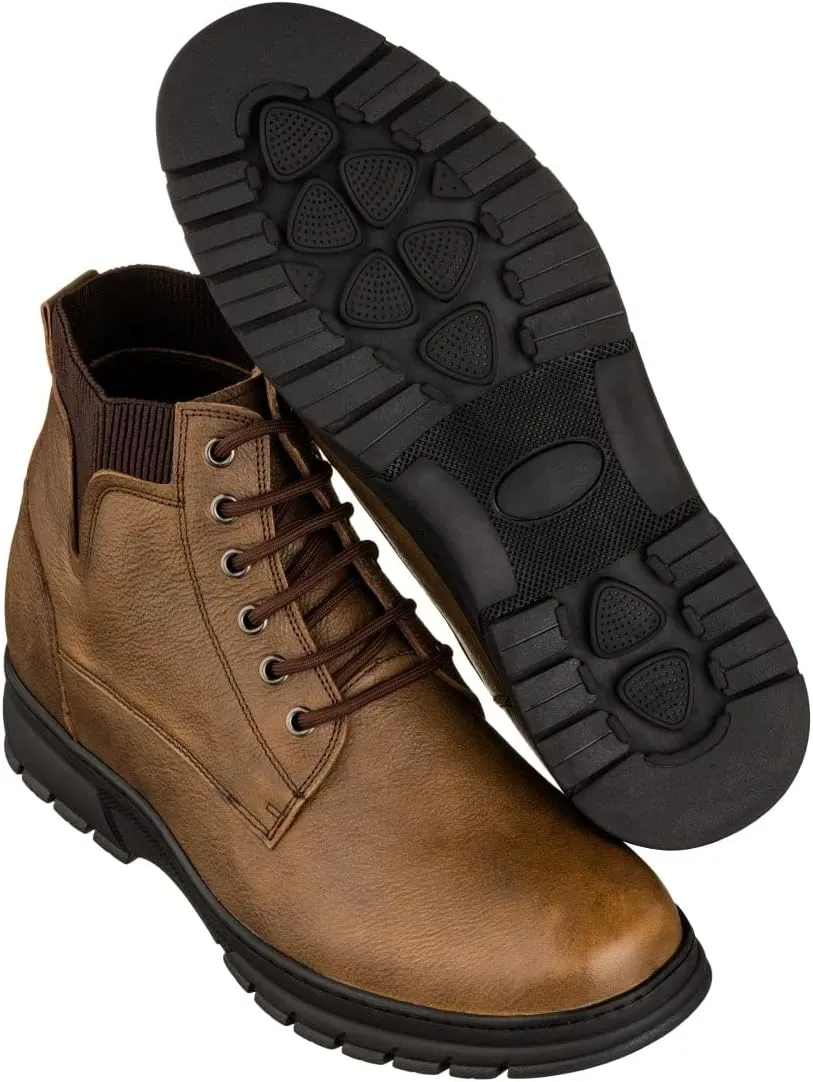 TOTO Men's Invisible Height Increasing Elevator Shoes - Khaki Pebble Grain Leather Lace-up Work Boots - 2.8 Inches Taller - K84017 - Size 11.5 D(M) US