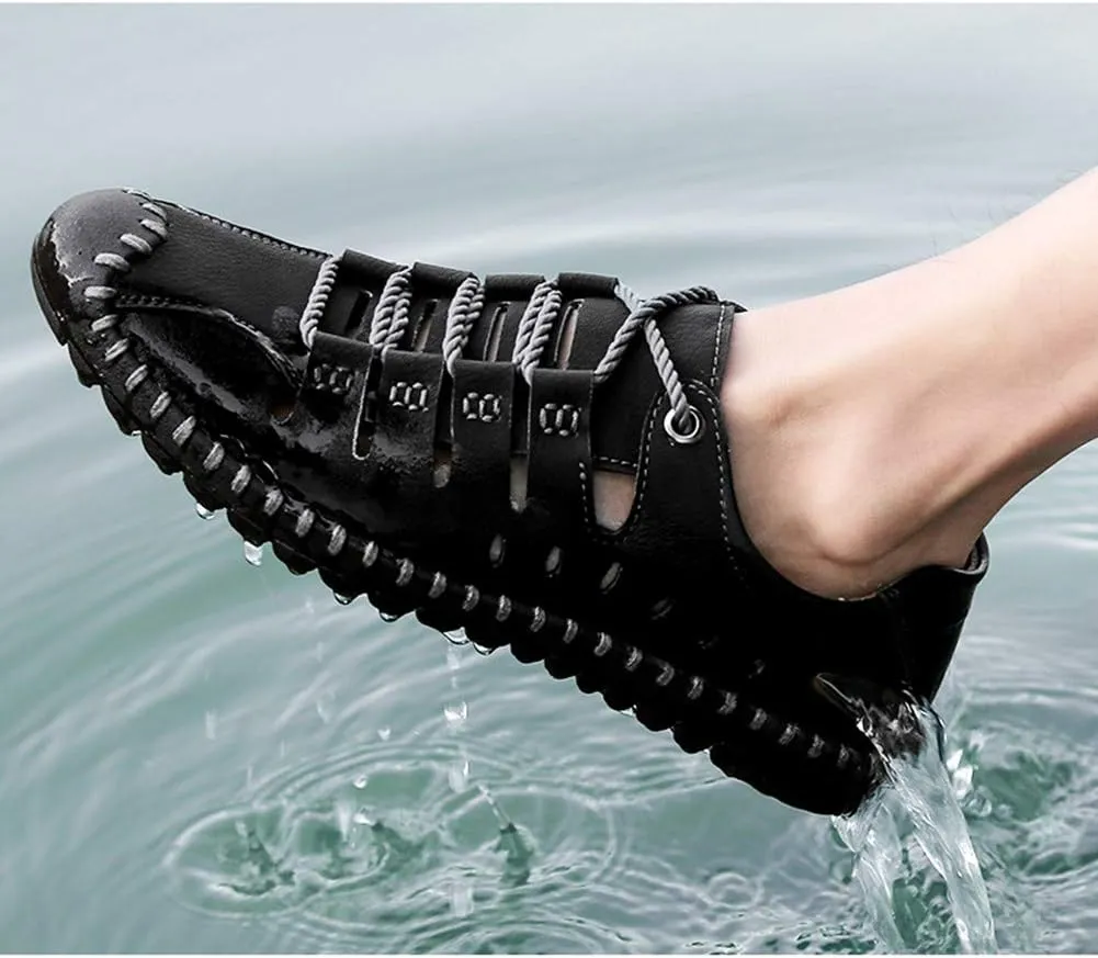 Veslexth Men's Breathable Adjustable Closed Toe Sandals Leather Athletic Outdoor Driving Fisherman for Summer Hiking Sports Business Walking Work Shoes