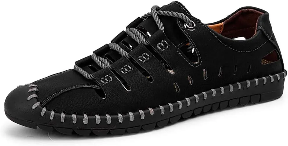 Veslexth Men's Breathable Adjustable Closed Toe Sandals Leather Athletic Outdoor Driving Fisherman for Summer Hiking Sports Business Walking Work Shoes