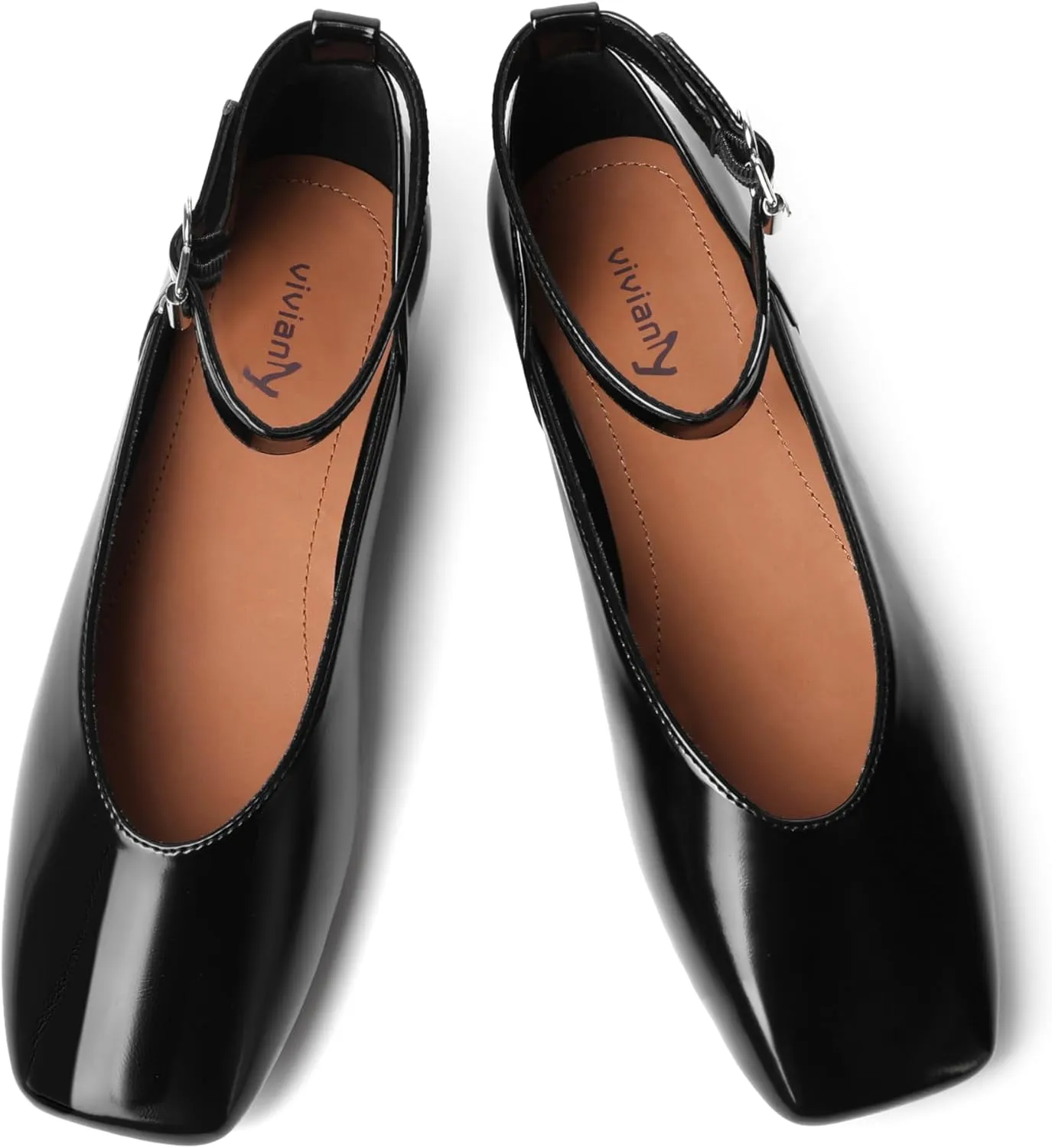 vivianly Mary Jane Shoes for Women Ballet Flats Shoes Buckle Ankle Strap Square Toe Flat Leather Party Dating Flats