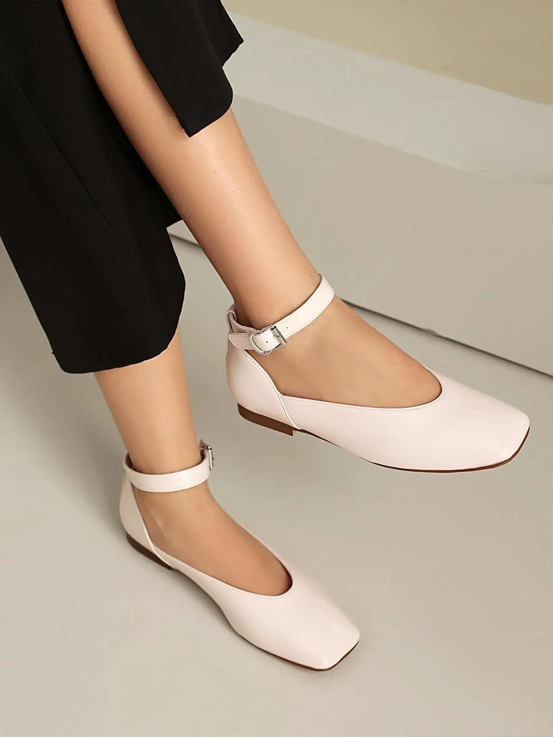 vivianly Mary Jane Shoes for Women Ballet Flats Shoes Buckle Ankle Strap Square Toe Flat Leather Party Dating Flats