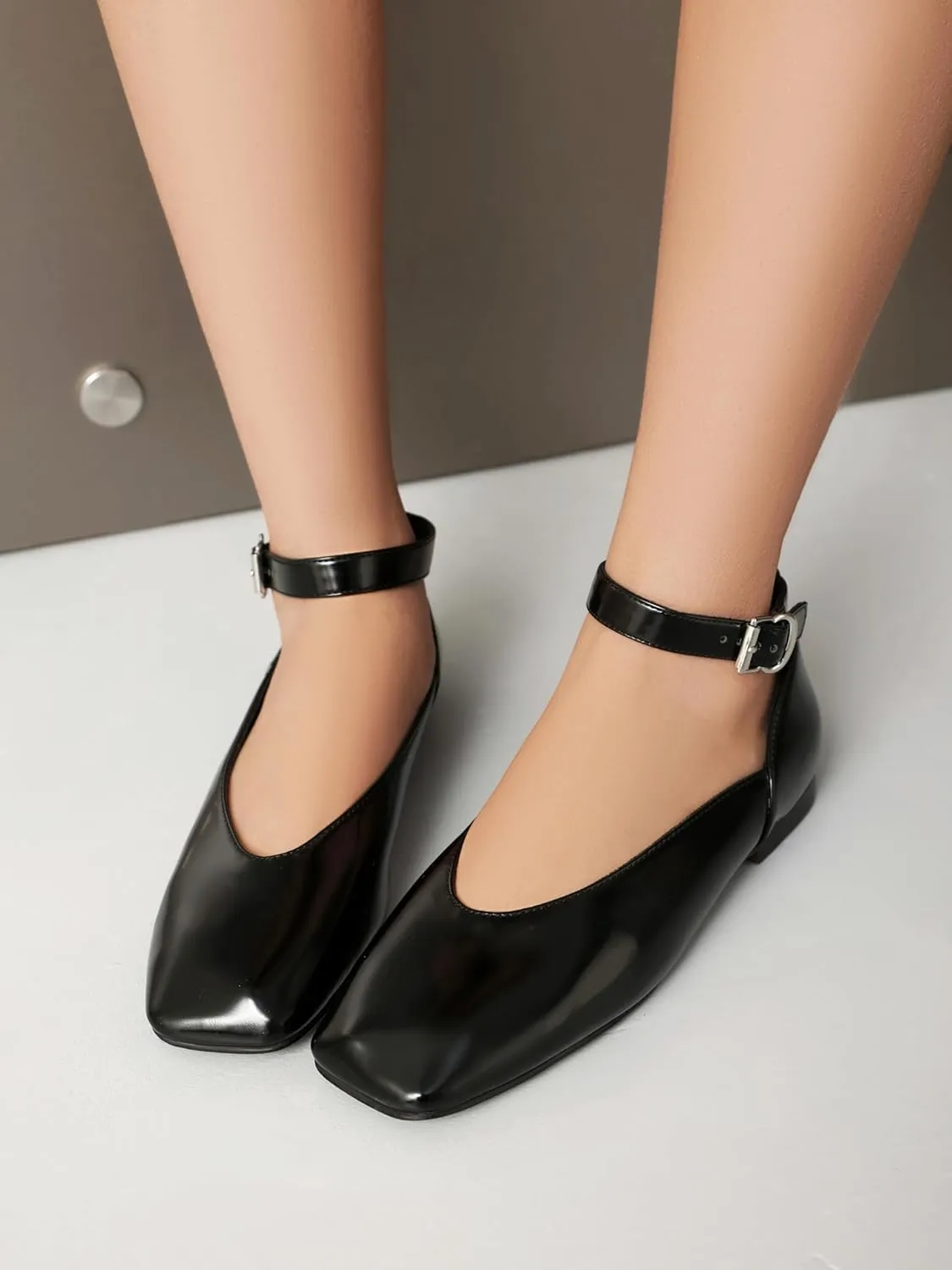 vivianly Mary Jane Shoes for Women Ballet Flats Shoes Buckle Ankle Strap Square Toe Flat Leather Party Dating Flats