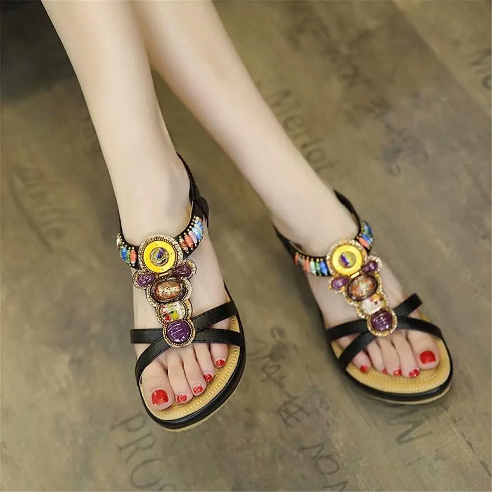 Wedge Sandals for Women Casual Summer Bohemian Rhinestone Beaded Platform Sandals Breathable Cutout Open Toe Elastic Band Dress Sandals Comfy Elastic Slingback T Strap Mid Heeled Beach Sandals