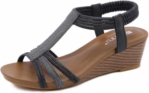 Wedge Sandals for Women Casual Summer Bohemian Rhinestone Beaded Platform Sandals Breathable Cutout Open Toe Elastic Band Dress Sandals Comfy Elastic Slingback T Strap Mid Heeled Beach Sandals