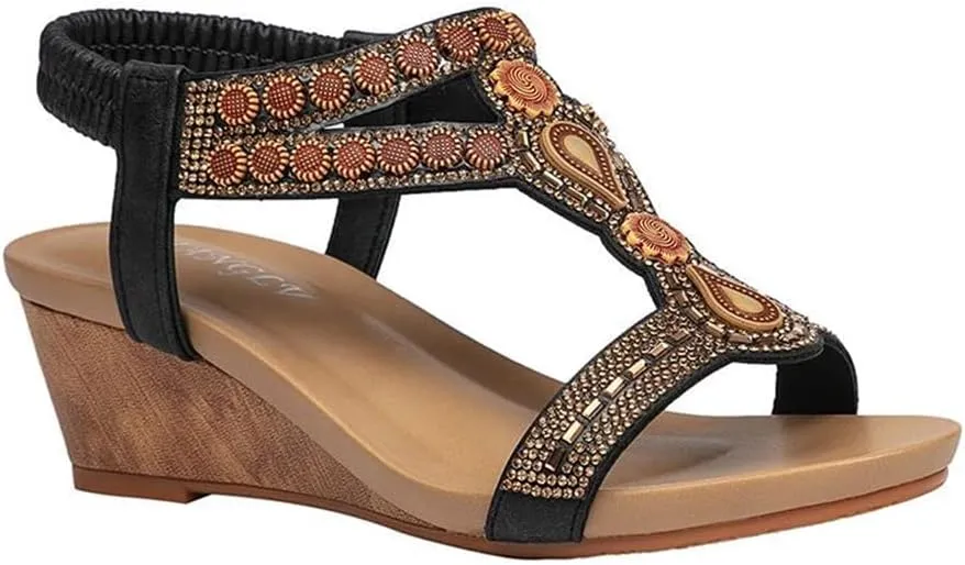 Wedge Sandals for Women Casual Summer Bohemian Rhinestone Beaded Platform Sandals Breathable Cutout Open Toe Elastic Band Dress Sandals Comfy Elastic Slingback T Strap Mid Heeled Beach Sandals