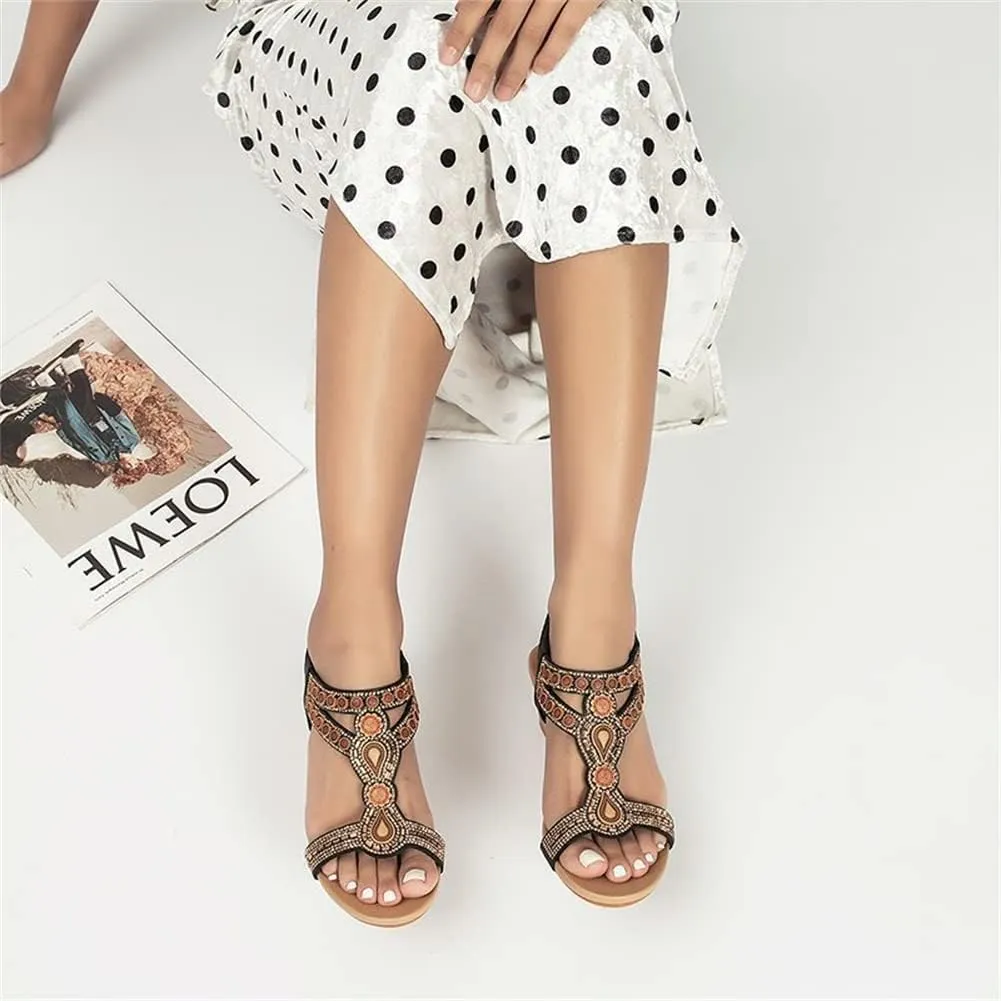 Wedge Sandals for Women Casual Summer Bohemian Rhinestone Beaded Platform Sandals Breathable Cutout Open Toe Elastic Band Dress Sandals Comfy Elastic Slingback T Strap Mid Heeled Beach Sandals