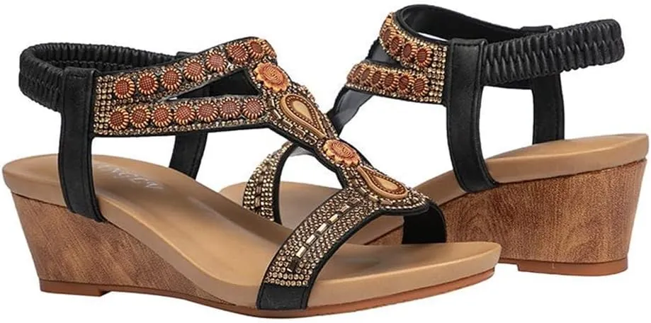 Wedge Sandals for Women Casual Summer Bohemian Rhinestone Beaded Platform Sandals Breathable Cutout Open Toe Elastic Band Dress Sandals Comfy Elastic Slingback T Strap Mid Heeled Beach Sandals