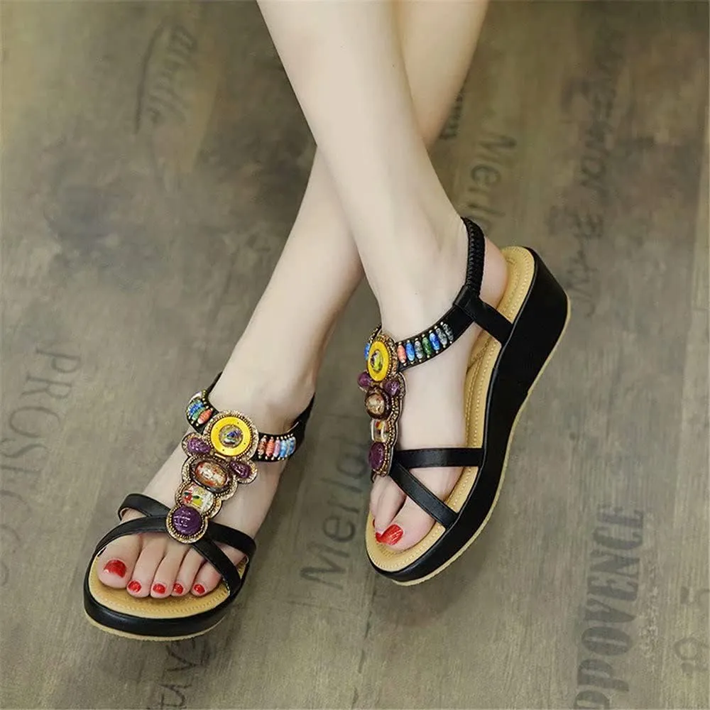 Wedge Sandals for Women Casual Summer Bohemian Rhinestone Beaded Platform Sandals Breathable Cutout Open Toe Elastic Band Dress Sandals Comfy Elastic Slingback T Strap Mid Heeled Beach Sandals