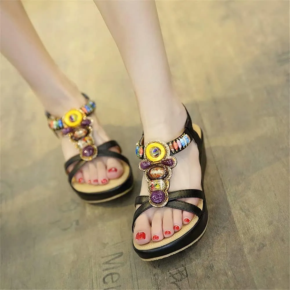 Wedge Sandals for Women Casual Summer Bohemian Rhinestone Beaded Platform Sandals Breathable Cutout Open Toe Elastic Band Dress Sandals Comfy Elastic Slingback T Strap Mid Heeled Beach Sandals