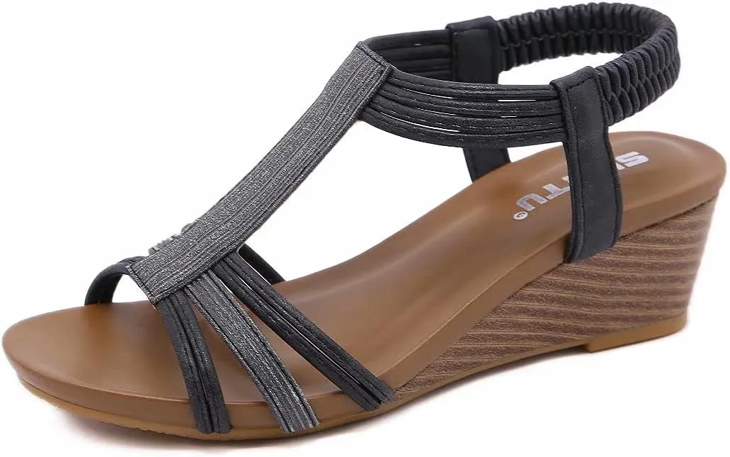 Wedge Sandals for Women Casual Summer Bohemian Rhinestone Beaded Platform Sandals Breathable Cutout Open Toe Elastic Band Dress Sandals Comfy Elastic Slingback T Strap Mid Heeled Beach Sandals