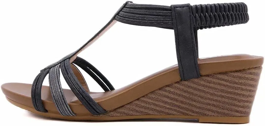 Wedge Sandals for Women Casual Summer Bohemian Rhinestone Beaded Platform Sandals Breathable Cutout Open Toe Elastic Band Dress Sandals Comfy Elastic Slingback T Strap Mid Heeled Beach Sandals