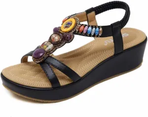 Wedge Sandals for Women Casual Summer Bohemian Rhinestone Beaded Platform Sandals Breathable Cutout Open Toe Elastic Band Dress Sandals Comfy Elastic Slingback T Strap Mid Heeled Beach Sandals