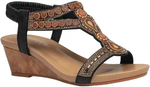 Wedge Sandals for Women Casual Summer Bohemian Rhinestone Beaded Platform Sandals Breathable Cutout Open Toe Elastic Band Dress Sandals Comfy Elastic Slingback T Strap Mid Heeled Beach Sandals