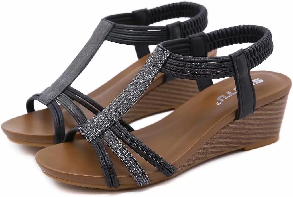 Wedge Sandals for Women Casual Summer Bohemian Rhinestone Beaded Platform Sandals Breathable Cutout Open Toe Elastic Band Dress Sandals Comfy Elastic Slingback T Strap Mid Heeled Beach Sandals
