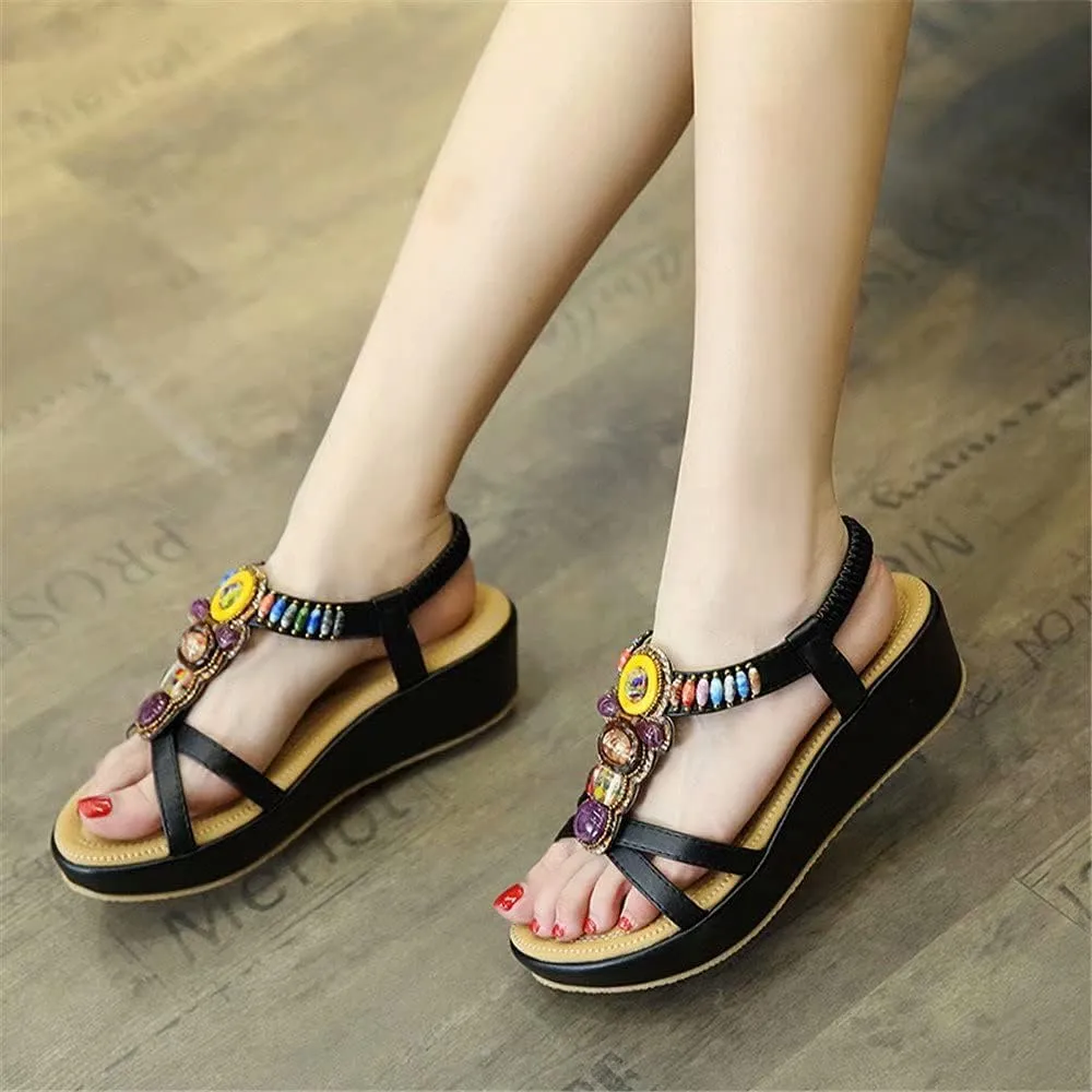 Wedge Sandals for Women Casual Summer Bohemian Rhinestone Beaded Platform Sandals Breathable Cutout Open Toe Elastic Band Dress Sandals Comfy Elastic Slingback T Strap Mid Heeled Beach Sandals