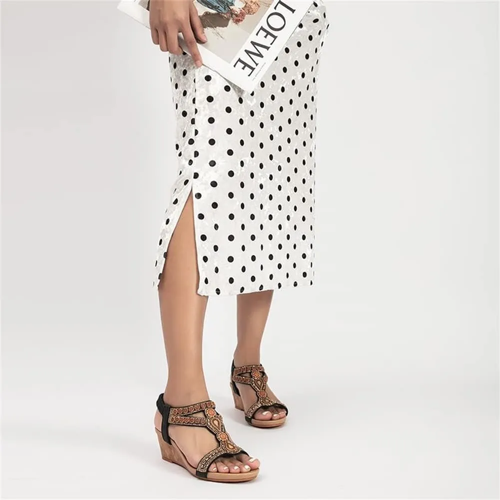 Wedge Sandals for Women Casual Summer Bohemian Rhinestone Beaded Platform Sandals Breathable Cutout Open Toe Elastic Band Dress Sandals Comfy Elastic Slingback T Strap Mid Heeled Beach Sandals