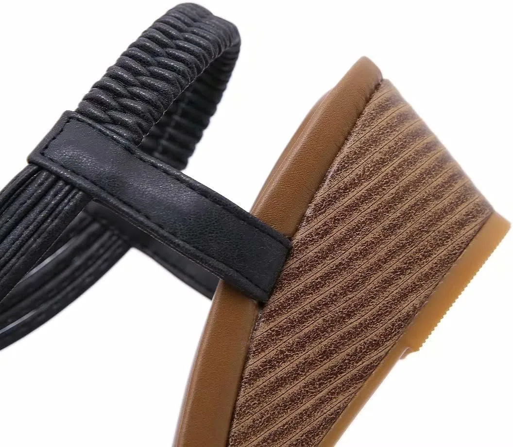 Wedge Sandals for Women Casual Summer Bohemian Rhinestone Beaded Platform Sandals Breathable Cutout Open Toe Elastic Band Dress Sandals Comfy Elastic Slingback T Strap Mid Heeled Beach Sandals