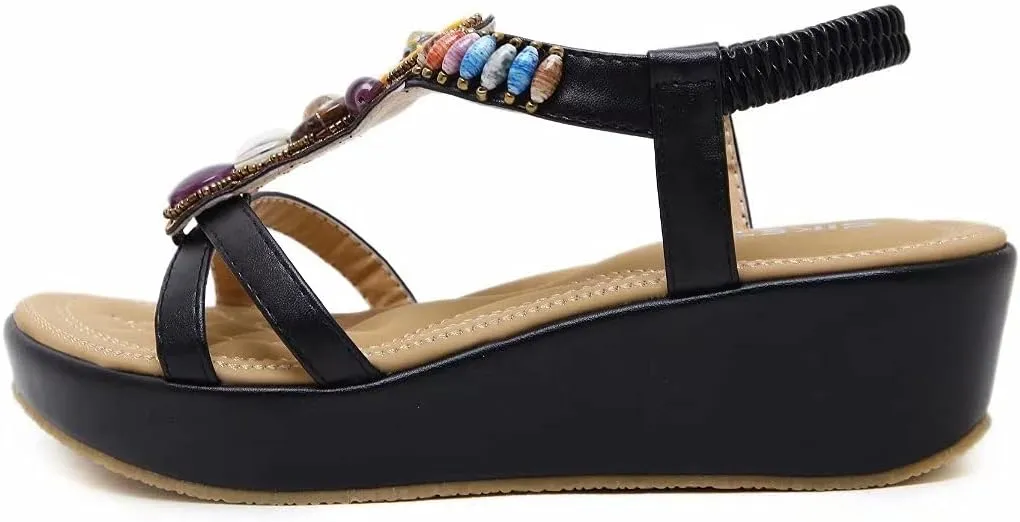 Wedge Sandals for Women Casual Summer Bohemian Rhinestone Beaded Platform Sandals Breathable Cutout Open Toe Elastic Band Dress Sandals Comfy Elastic Slingback T Strap Mid Heeled Beach Sandals