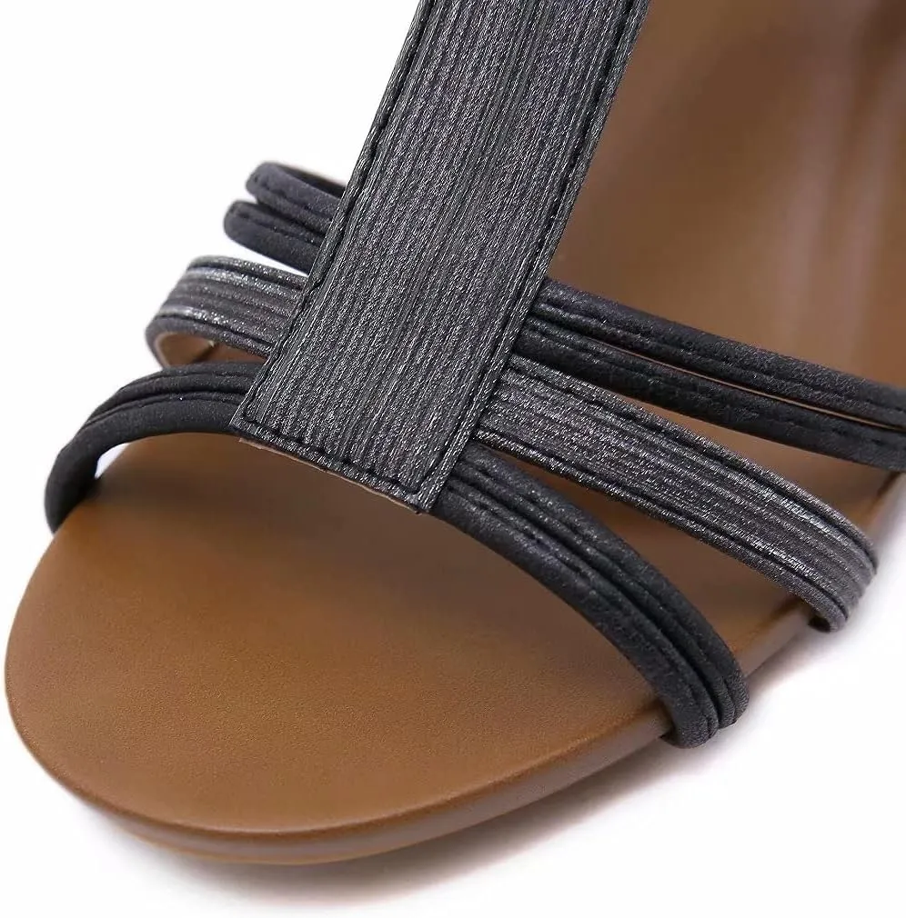 Wedge Sandals for Women Casual Summer Bohemian Rhinestone Beaded Platform Sandals Breathable Cutout Open Toe Elastic Band Dress Sandals Comfy Elastic Slingback T Strap Mid Heeled Beach Sandals