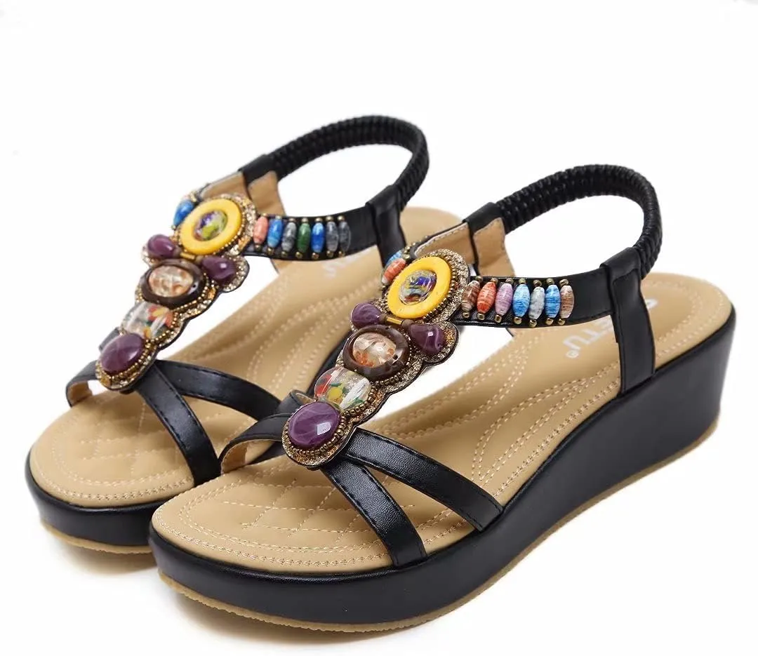 Wedge Sandals for Women Casual Summer Bohemian Rhinestone Beaded Platform Sandals Breathable Cutout Open Toe Elastic Band Dress Sandals Comfy Elastic Slingback T Strap Mid Heeled Beach Sandals
