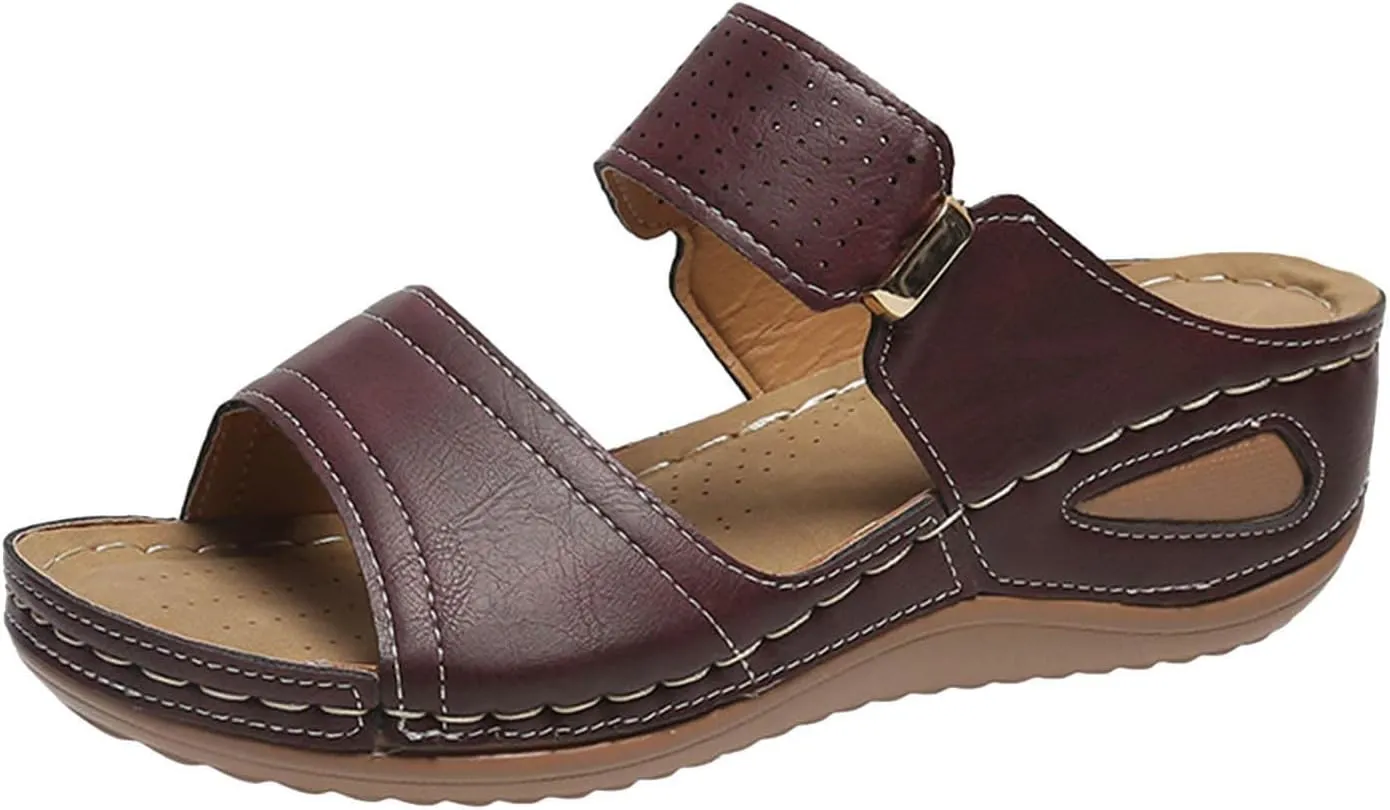 Wedge Sandals for Women Casual Summer Comfortable Fish Mouth Open Toe Double Straps Slip-on Slipper Novelty Trendy Stitched Outdoor Ladies Shoes