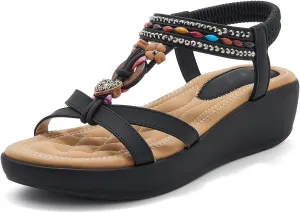 Wedge Sandals for Women Summer Bohemian Rhinestone Beaded Open Toe Platform Sandals Elastic Ankle Strap Comfortable Casual Shoes
