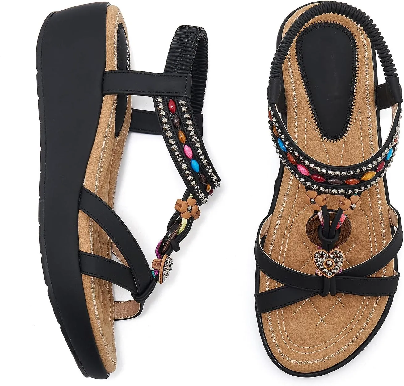 Wedge Sandals for Women Summer Bohemian Rhinestone Beaded Open Toe Platform Sandals Elastic Ankle Strap Comfortable Casual Shoes