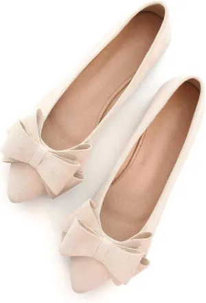 WENJIAZHIZHI Flat Dress Shoes Women Comfortable Ballet Flats Slip On Pearls Knot Dressy Shoes Pointed Toe