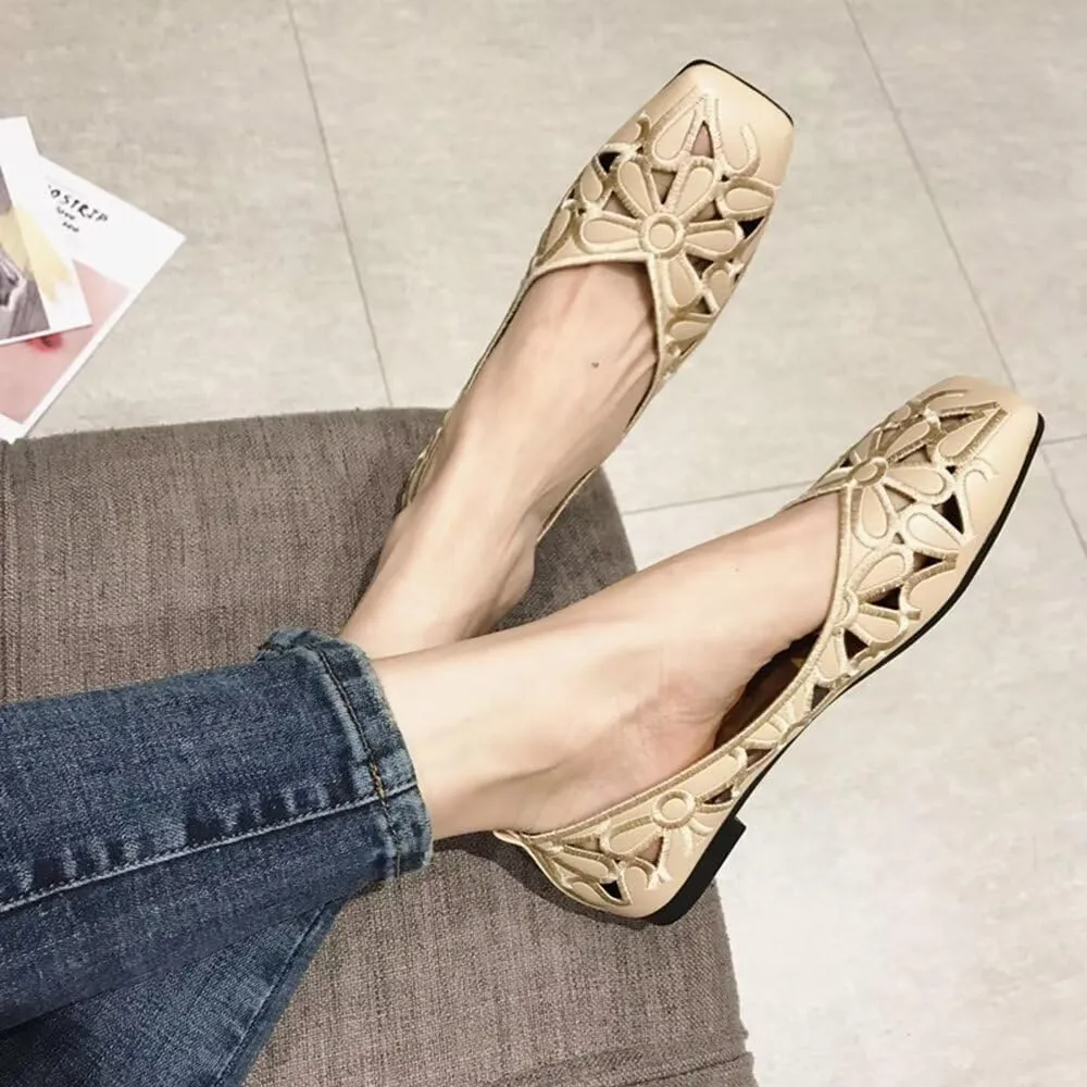 WENJIAZHIZHI Women's Floral Ballet Flats Comfortable Dress Shoes Square Toe Slip on Flat Shoes with Breathable Eyelets